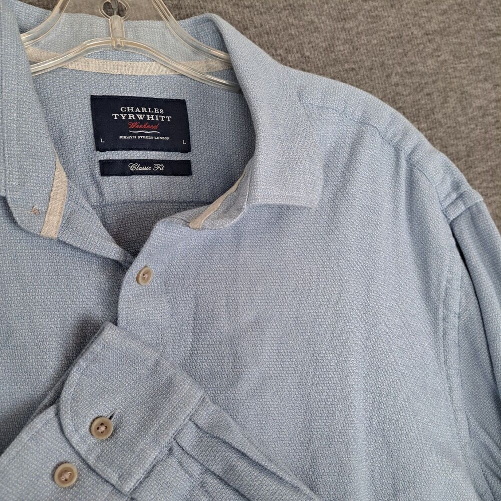 Charles Tyrwhitt Weekend Shirt Mens Large Blue Knit Long Sleeve Classic Fit